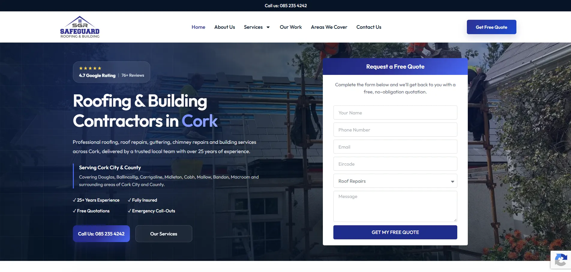 Safeguard Roofing & Building website showing its Cork service coverage and enquiry form