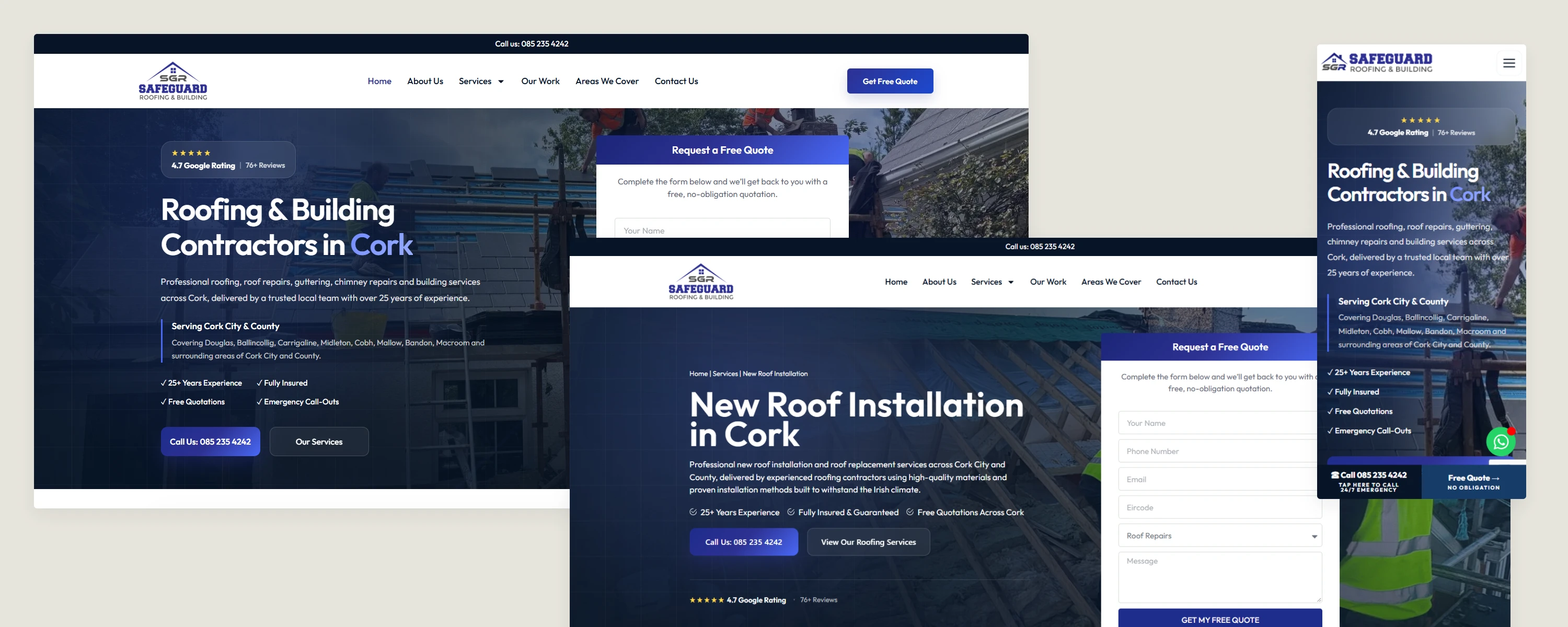 Safeguard desktop homepage, New Roof Installation service page and mobile homepage in a layered composition