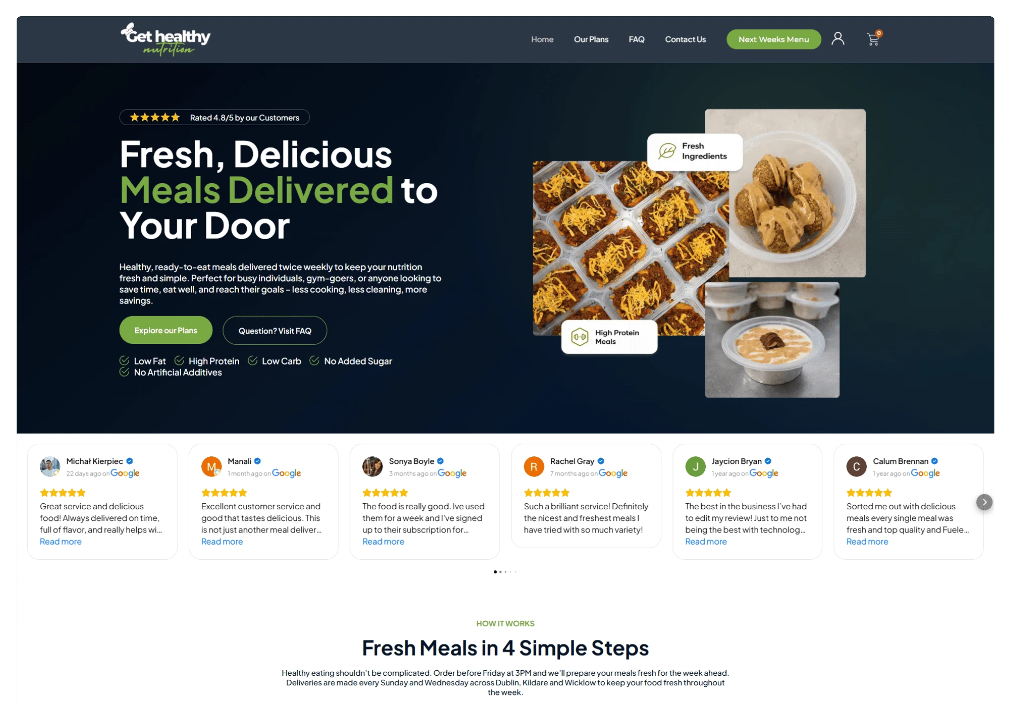 Get Healthy Nutrition desktop homepage with meal photography, plan links and customer reviews