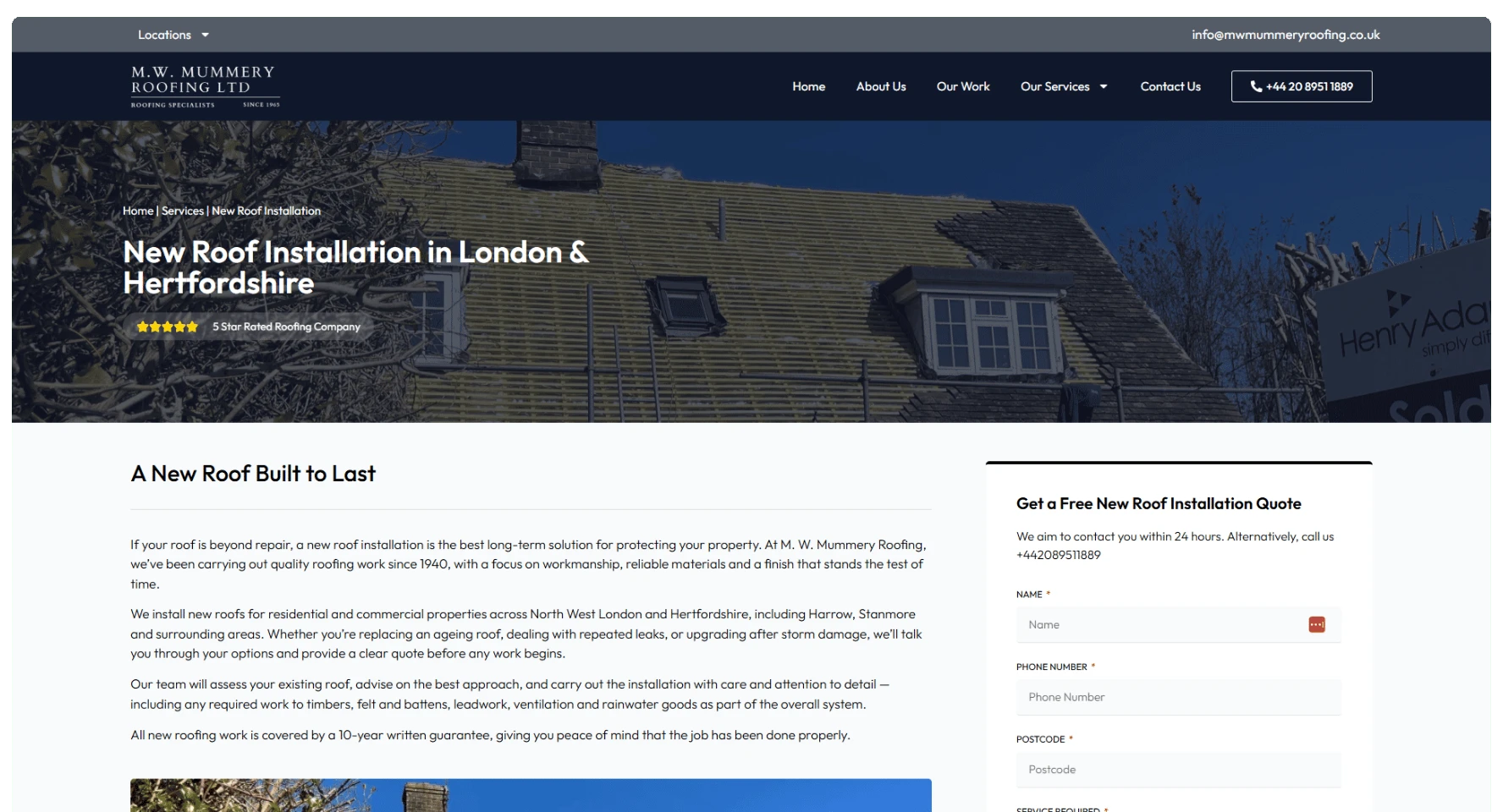 M.W. Mummery Roofing New Roof Installation page with service information and a quote form