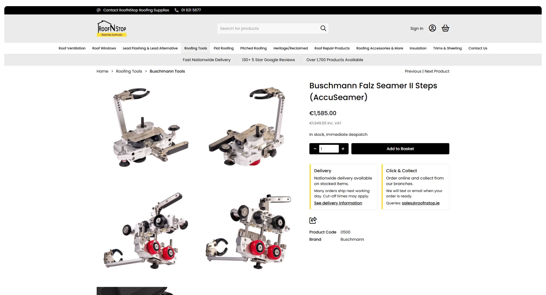 RoofNStop product page showing a Buschmann seamer, product information and the Add to Basket control