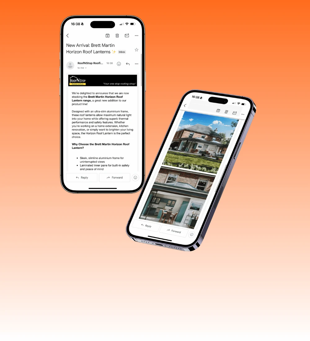 RoofNStop product announcement email introducing roof lanterns, shown on mobile