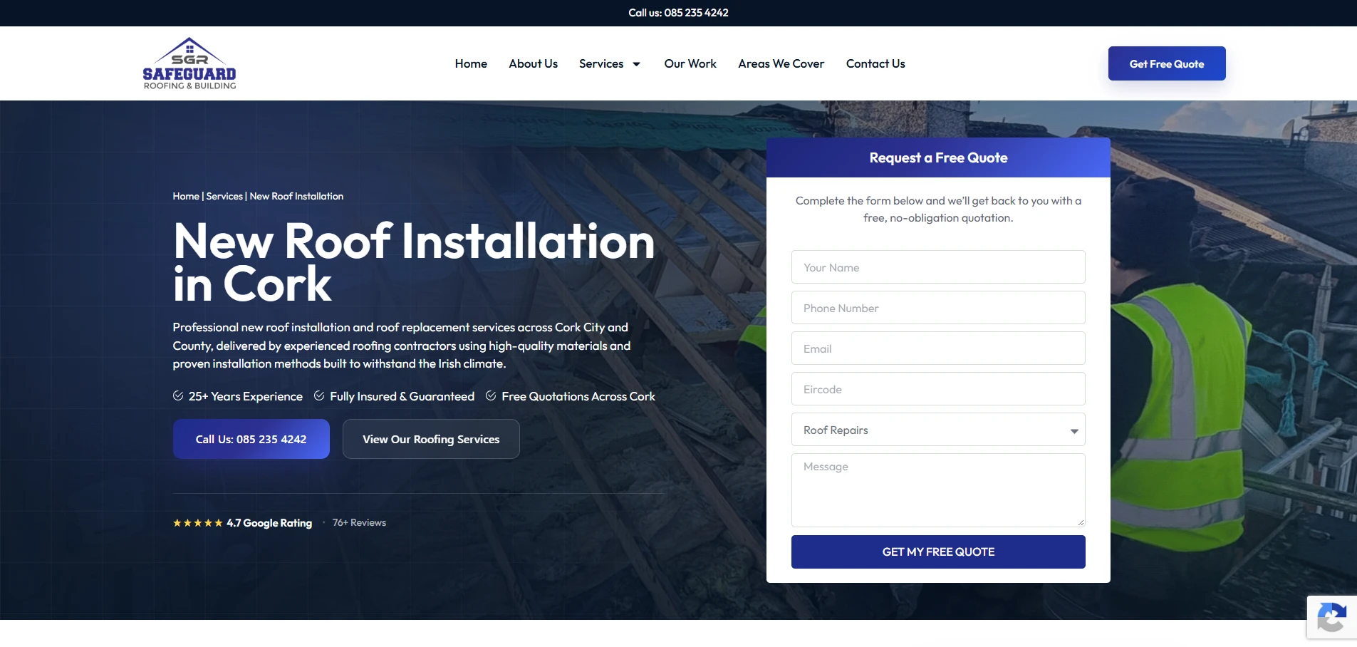 Safeguard New Roof Installation in Cork page with service information and a quote enquiry form